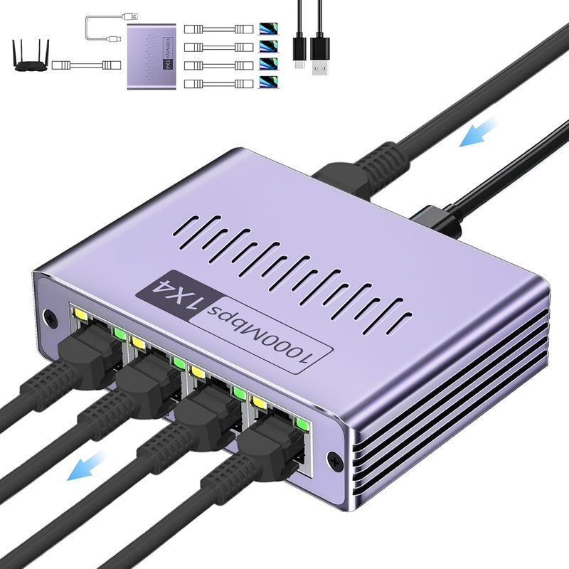 Denlane موزع إيثرنت 1 إلى 4 1000 ميجابت في الثانية، منفذ RJ45 عالي السرعة لموزع الإنترنت LAN لكابل Cat 5/5e/6/7/8، مفتاح راوتر إيثرنت لجهاز الكمبيوتر/اللابتوب/التلفاز (4 أجهزة متصلة في نفس الوقت) - Image 1
